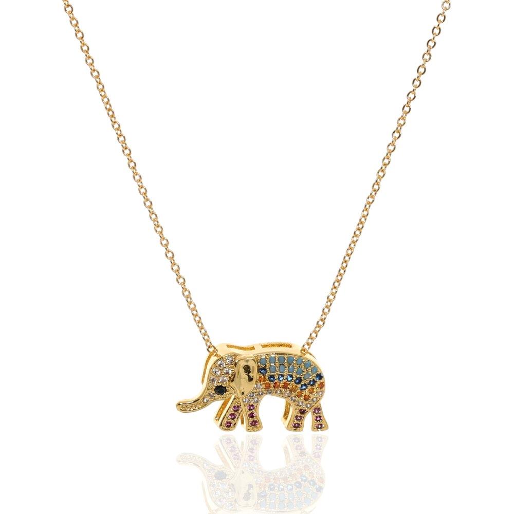 Zirkon taşlı kolye ince zicirli renkli taşlarla süslenmiş fil figürü altın renkli