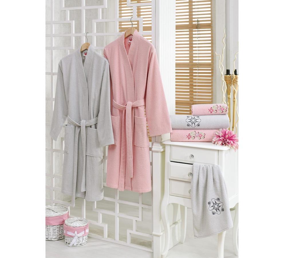 Cotton Box Nakışlı Aile Bornoz Seti Pudra Gri