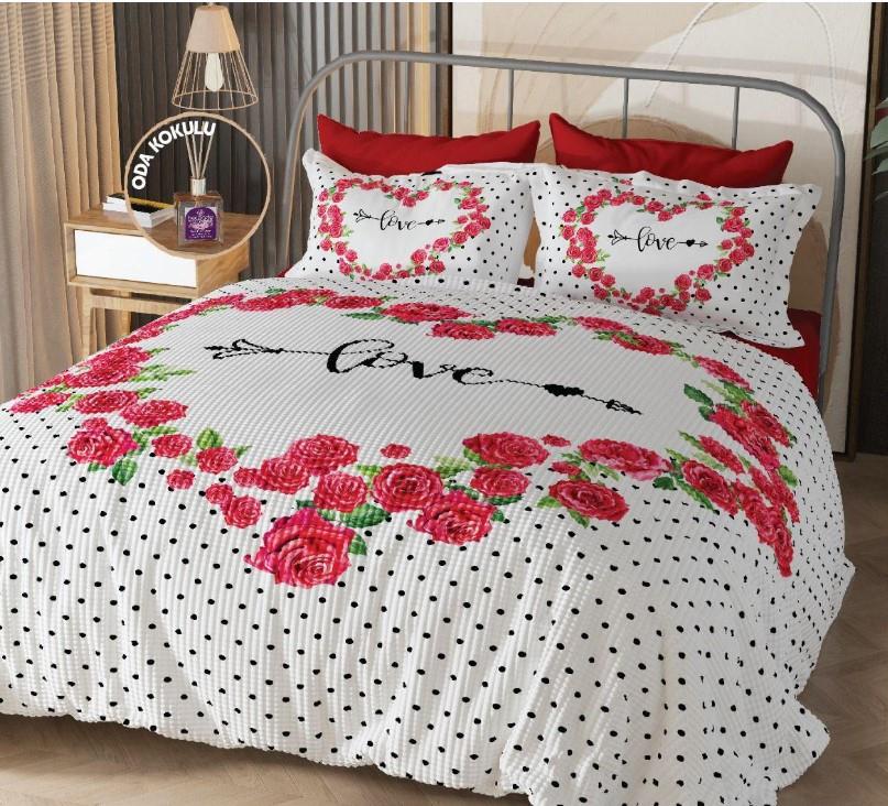 Nevresim Dünyası 3D Ranforce Çift Kişilik Pike Takımı Heart Love ODA KOKUSU HEDİYELİ 