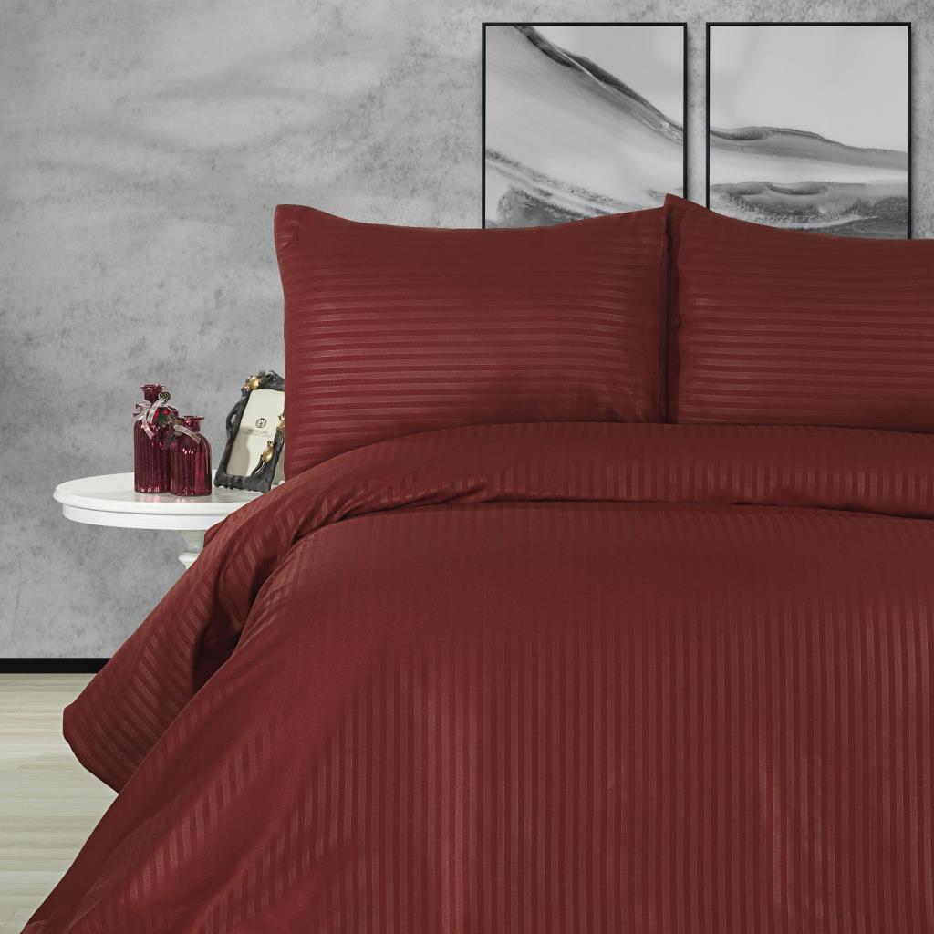 Nevresim Dünyası Tek Kişilik Saten Nevresim Takımı Basic Stripe Bordo