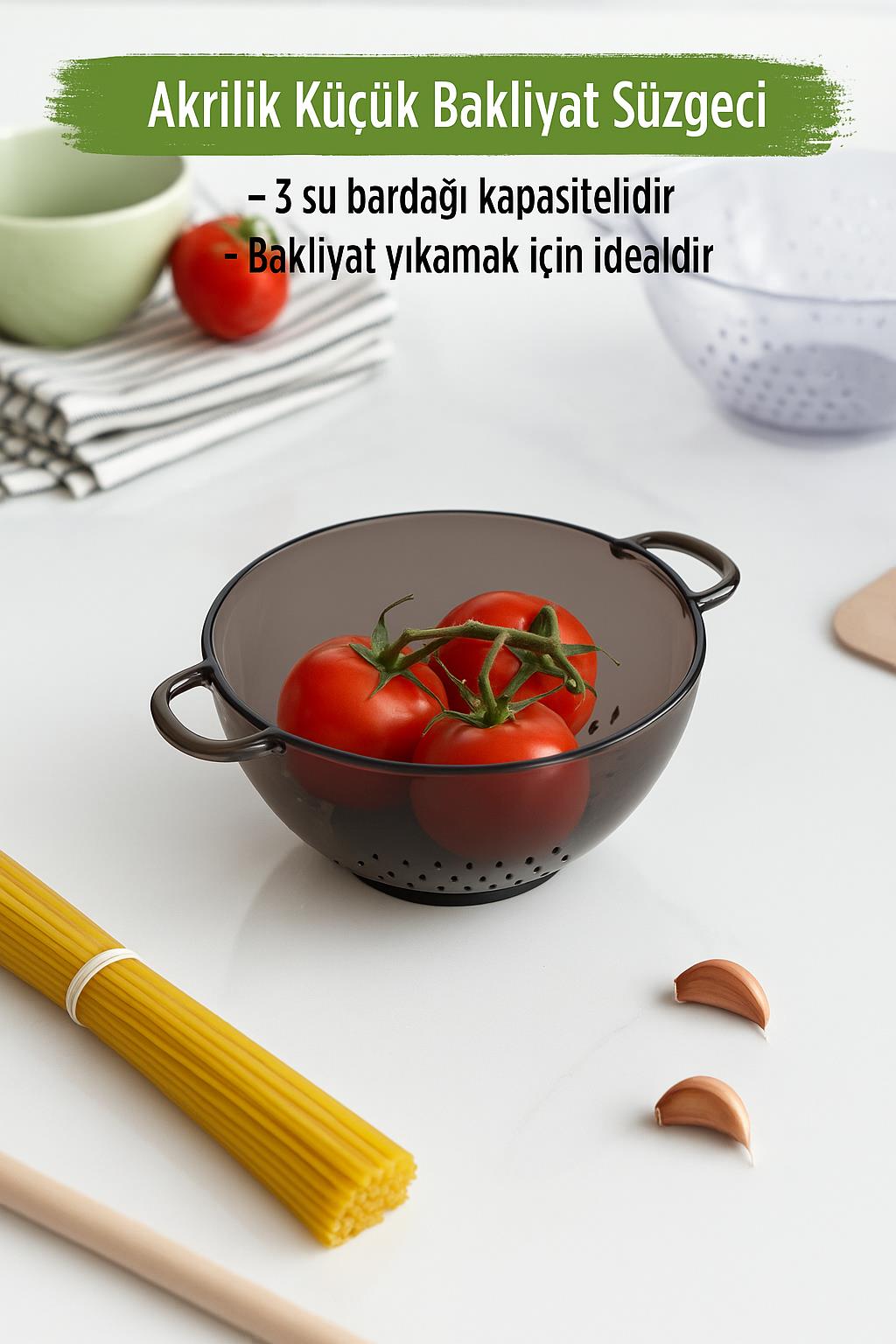 Akrilik Füme Mini Pirinç Süzgeçi & Bakliyat Süzgeçi (3 SU BARDAĞI ÖLÇÜLÜ)