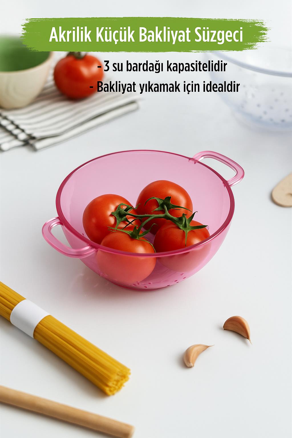 Akrilik Pembe Mini Pirinç Süzgeçi & Bakliyat Süzgeçi (3 SU BARDAĞI ÖLÇÜLÜ)
