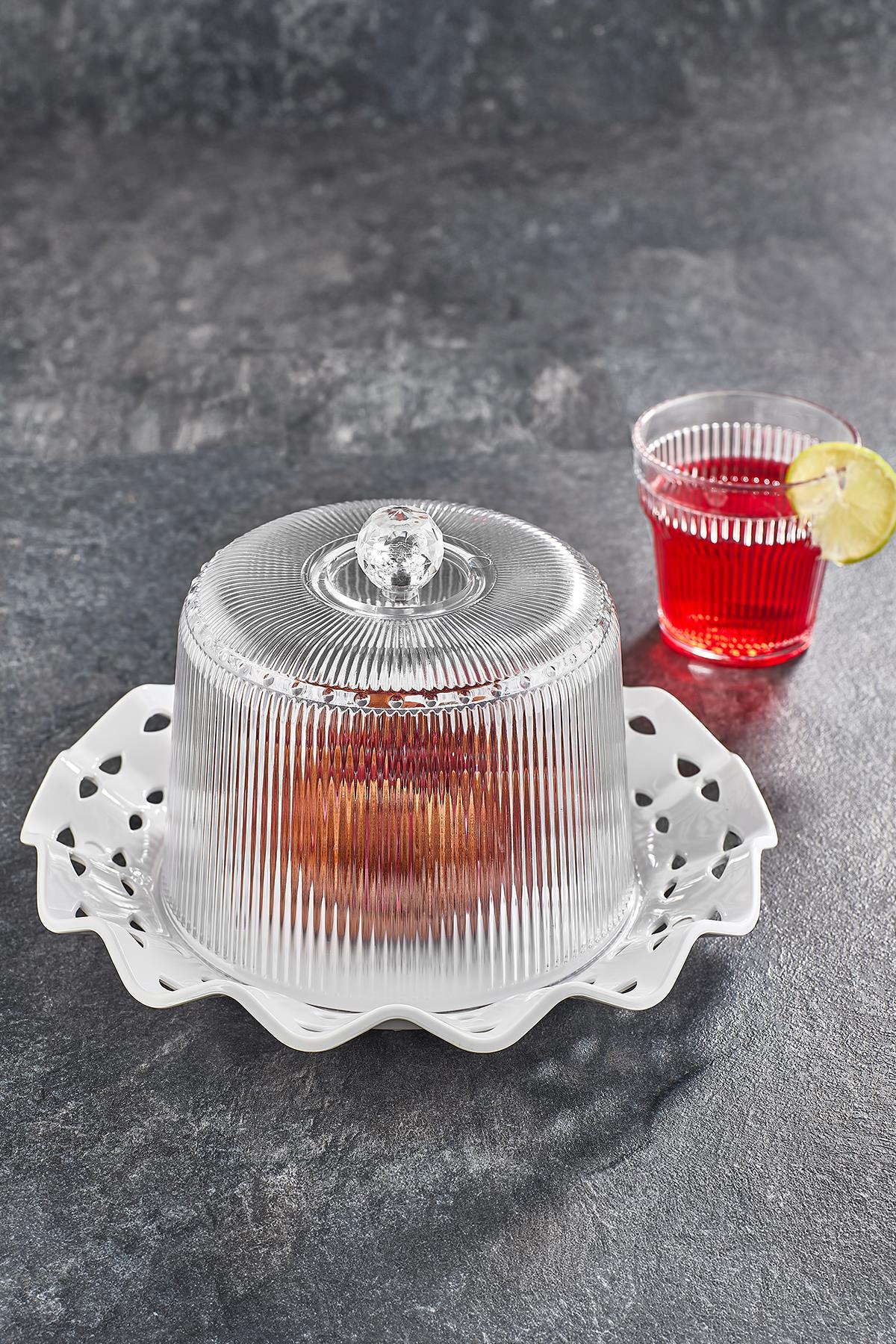 Akrilik Barok Beyaz Renk Kek Fanus & Kek Saklama Kabı & Şık Sunum Organizeri 26 Cm