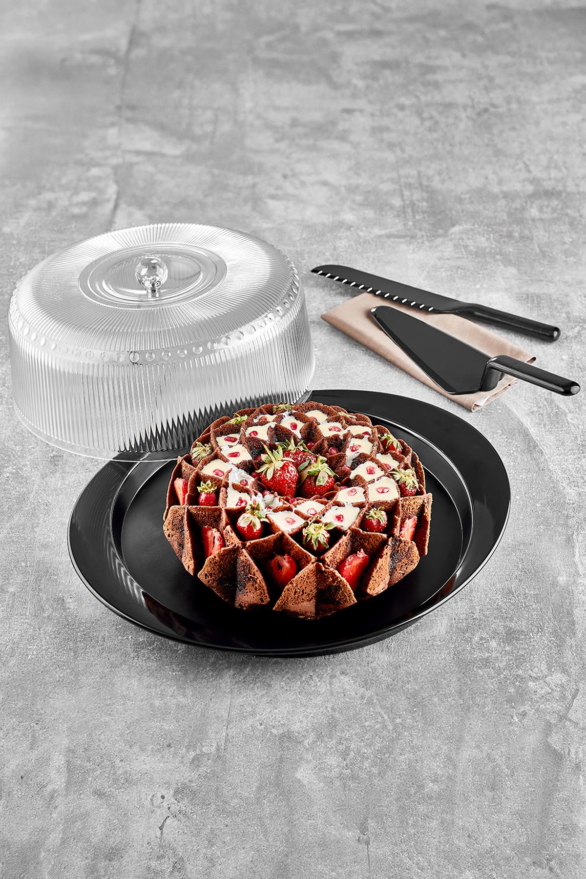 Akrilik Barok Siyah 4 Parça Kek Fanus & Kek Saklama Kabı & Şık Sunum Organizeri