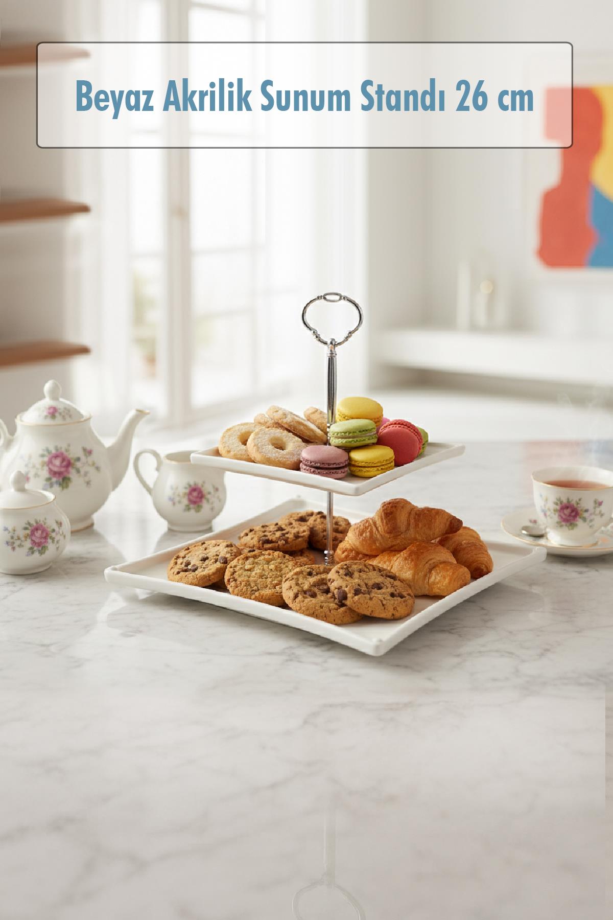 2 Katlı Beyaz Akrilik Meyvelik & Kurabiyelik & Sunum Standı - 26 cm