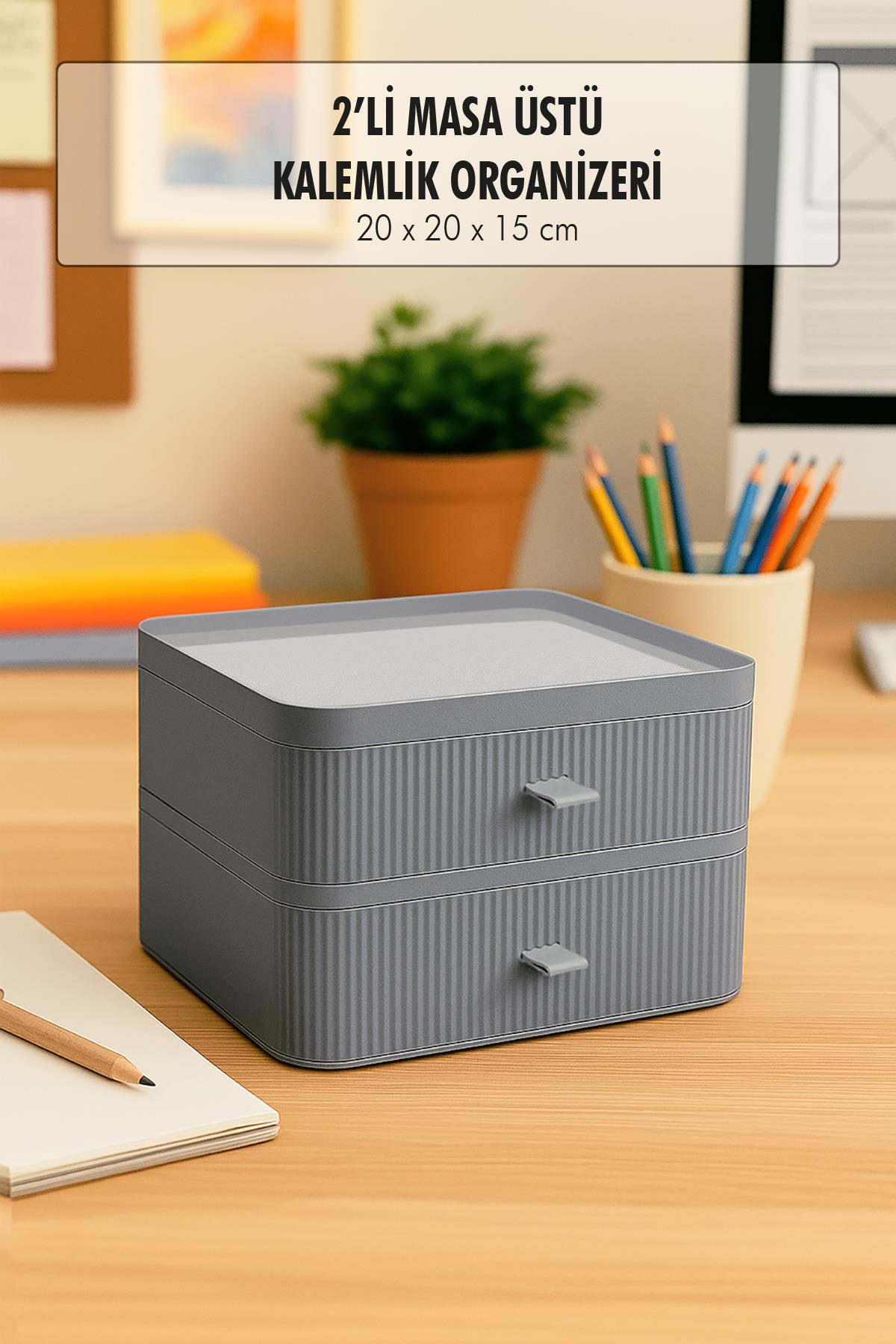 2 Katlı Çekmeceli Kalemlik & Ofis Masa Üstü Düzenleyici & Çok Amaçlı Organizer Gri