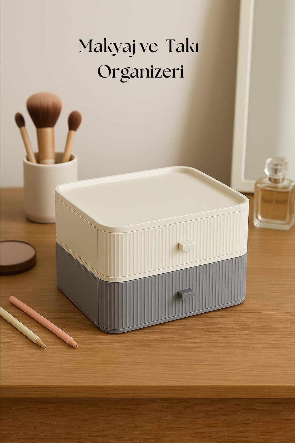 2 Katlı Çekmeceli Makyaj Organizeri & Çok Amaçlı Düzenleyici Gri Beyaz