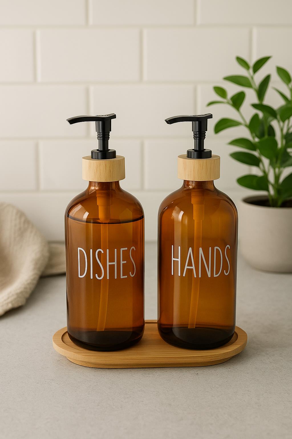 Amber Cam İkili Sıvı Sabunluk Seti 500 ml Bambu Altlıklı