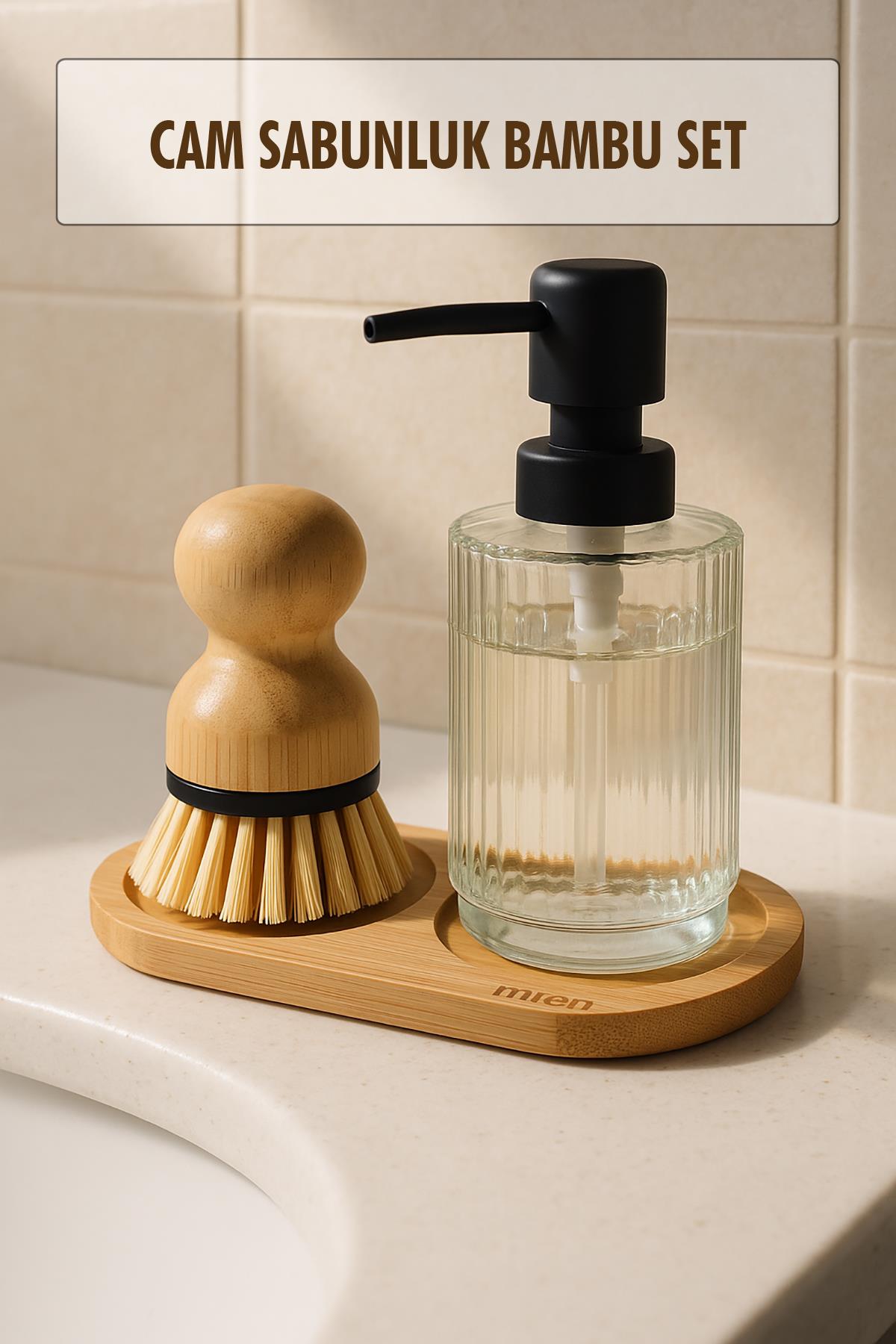 3 Parça Bambu Altlıklı Sabunluk ve Temizlik Fırça Seti