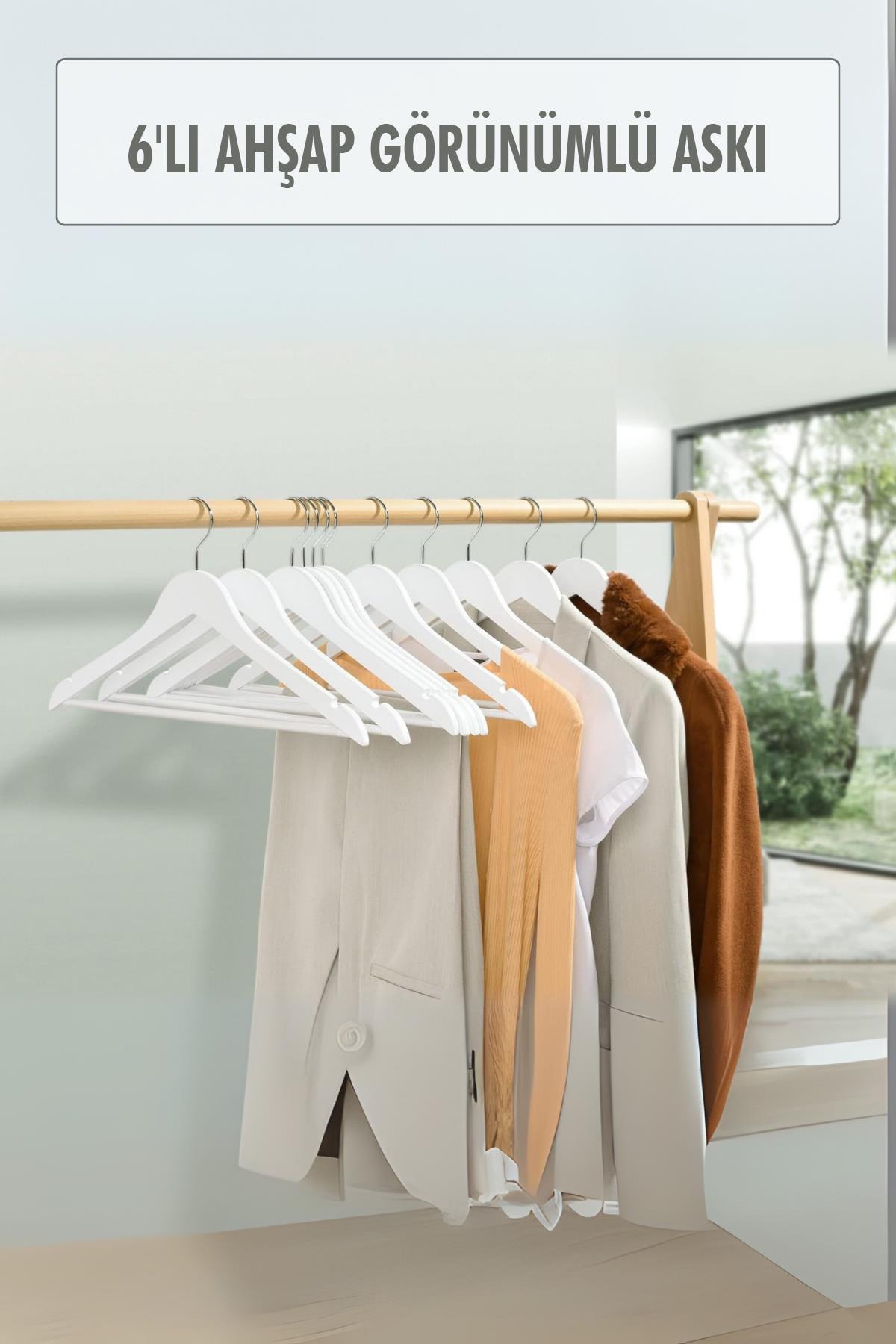 6’lı Ahşap Görünümlü Askı Beyaz 44 cm