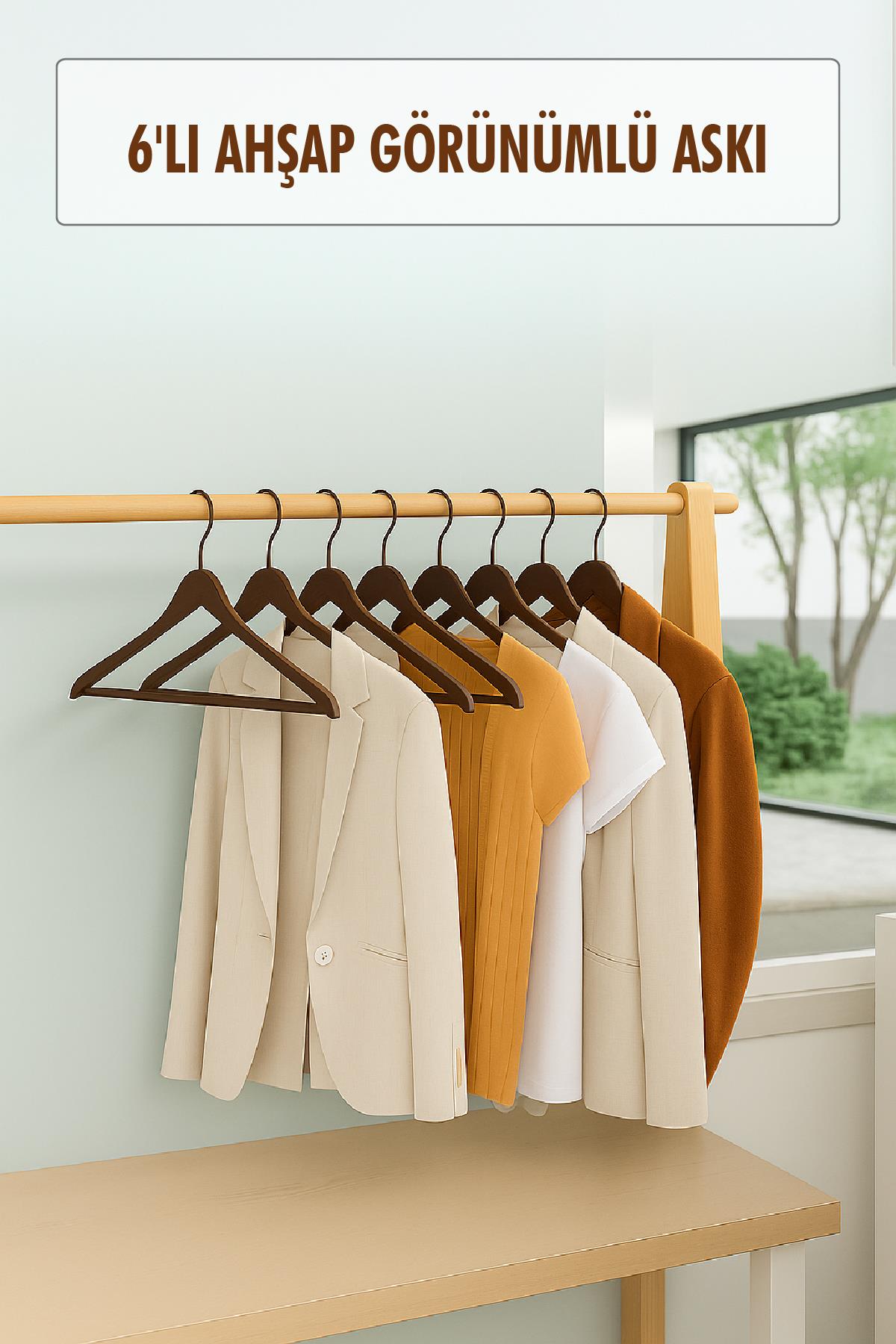 6’lı Ahşap Görünümlü Askı Kahve 44 cm