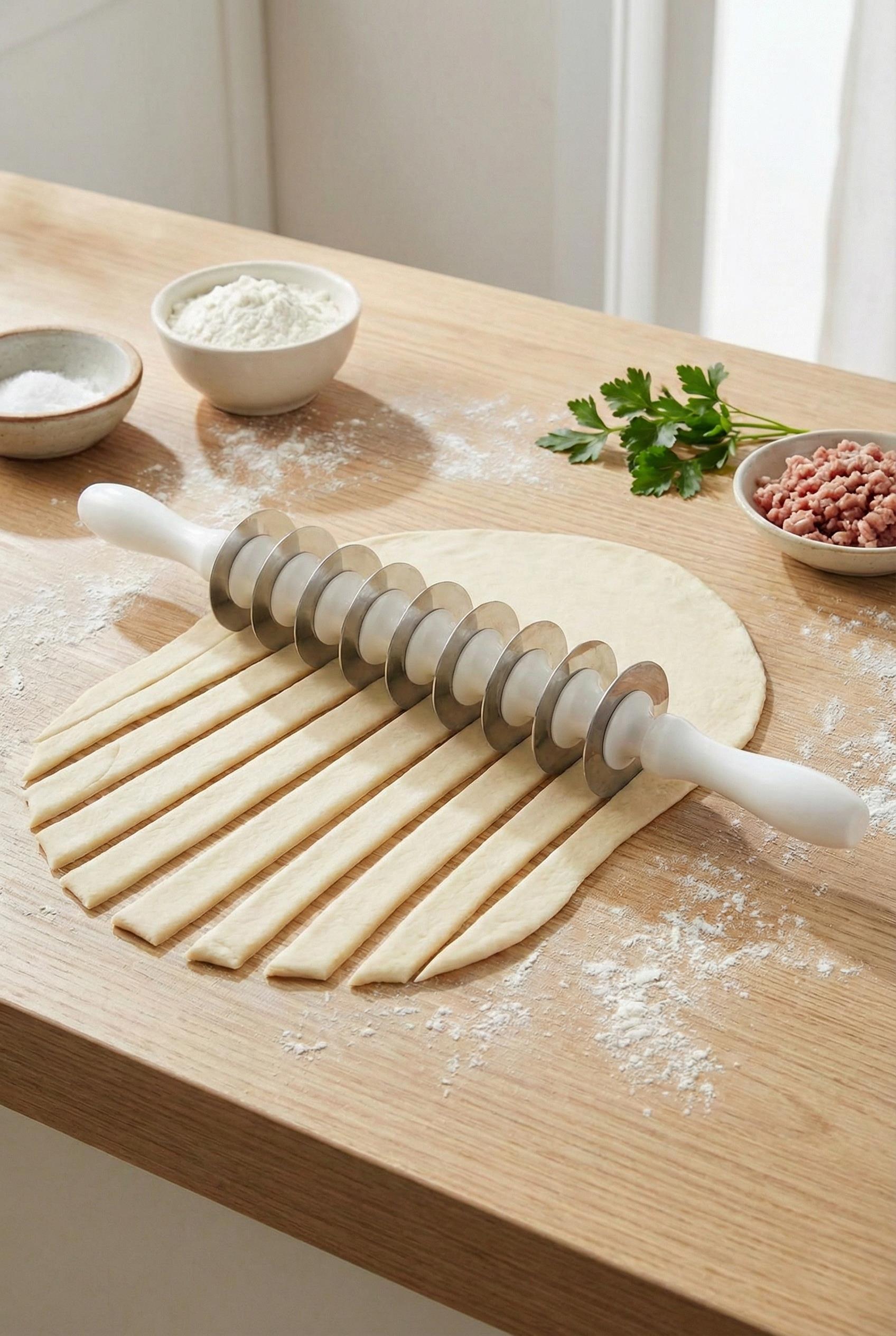 9 Bıçaklı Paslanmaz Çelik Mantı Merdanesi & Pratik Hamur Kesme Aparatı (43 cm)