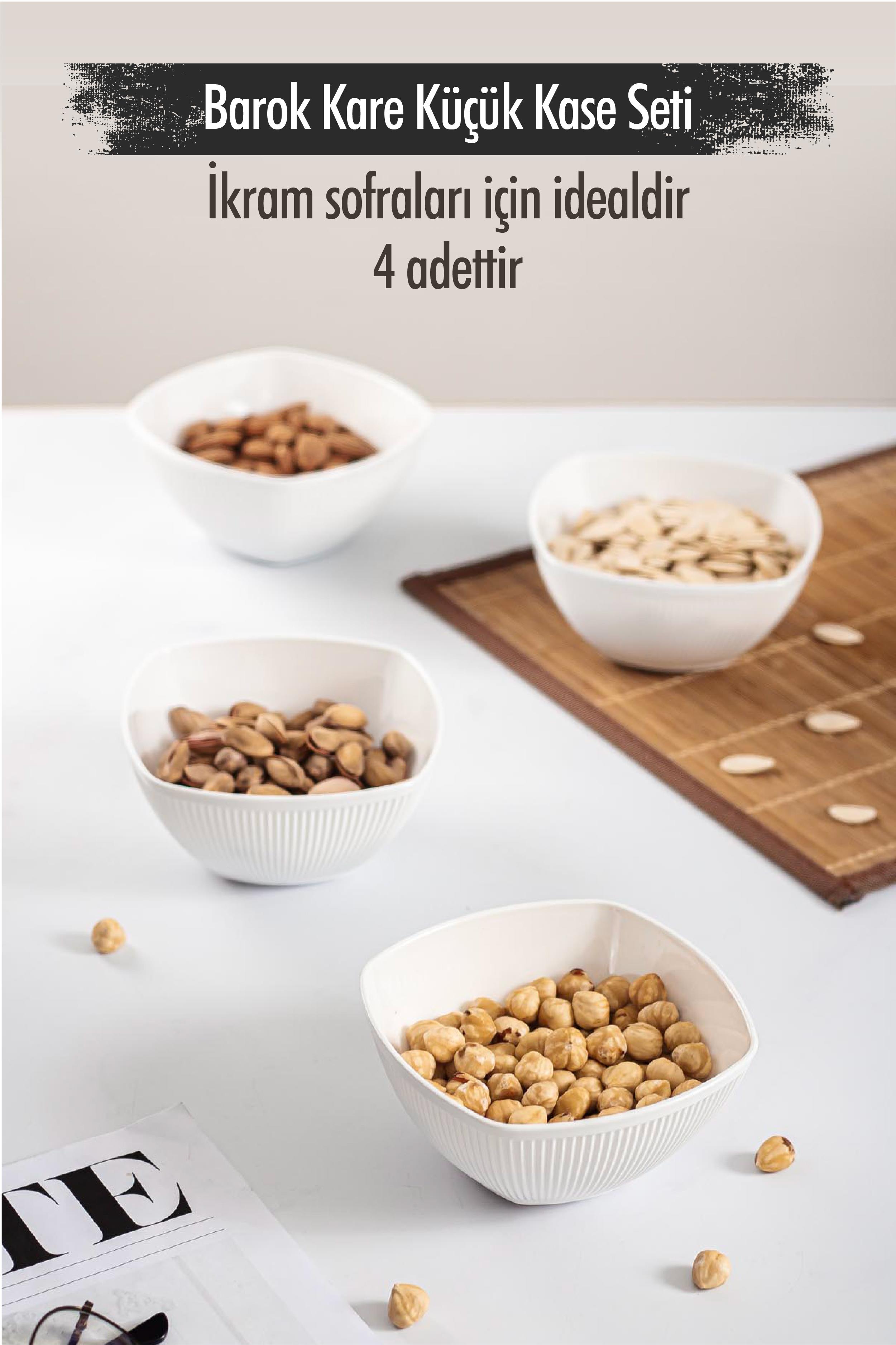 Akrilik Barok Beyaz Kare 4'lü Küçük Kase Seti & Çerezlik & Sunumluk & İkramlık (Cam Değildir) 6765DP4