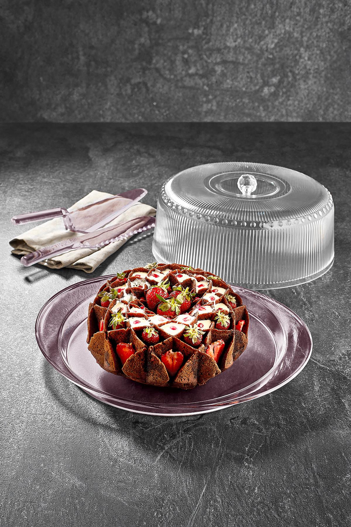 Akrilik Barok Mürdüm 4 Parça Kek Fanus & Kek Saklama Kabı & Şık Sunum Organizeri