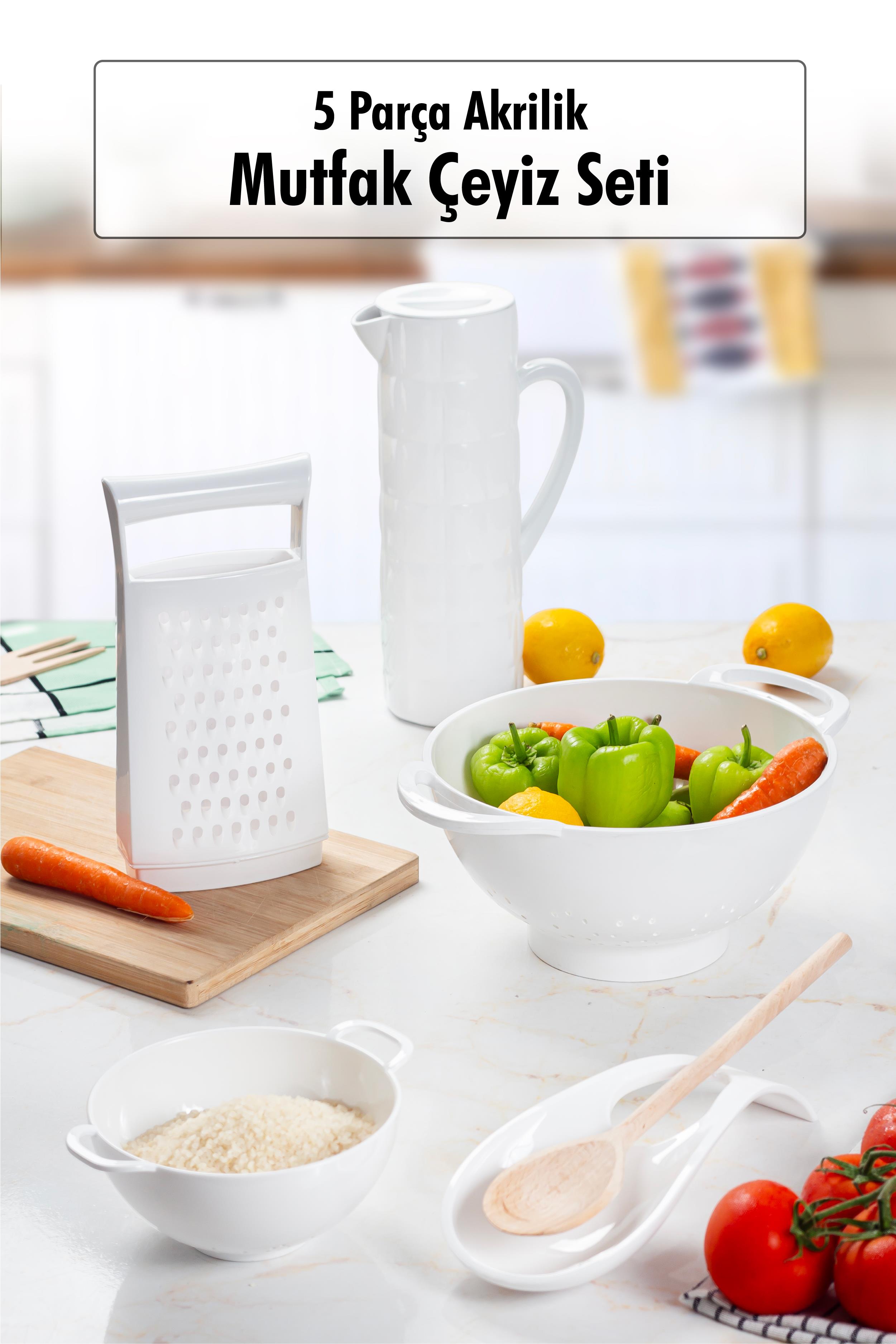 Akrilik Beyaz 5 Parça Sürahi & Rende & Süzgeç & Mini Süzgeç & Kaşıklık & Mutfak Çeyiz Seti