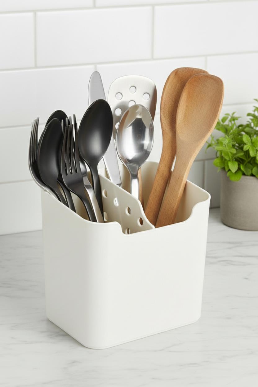 Beyaz 2 Bölmeli Tezgah Üstü Kaşıklık & Fonksiyonel Mutfak Düzenleyici Organizer