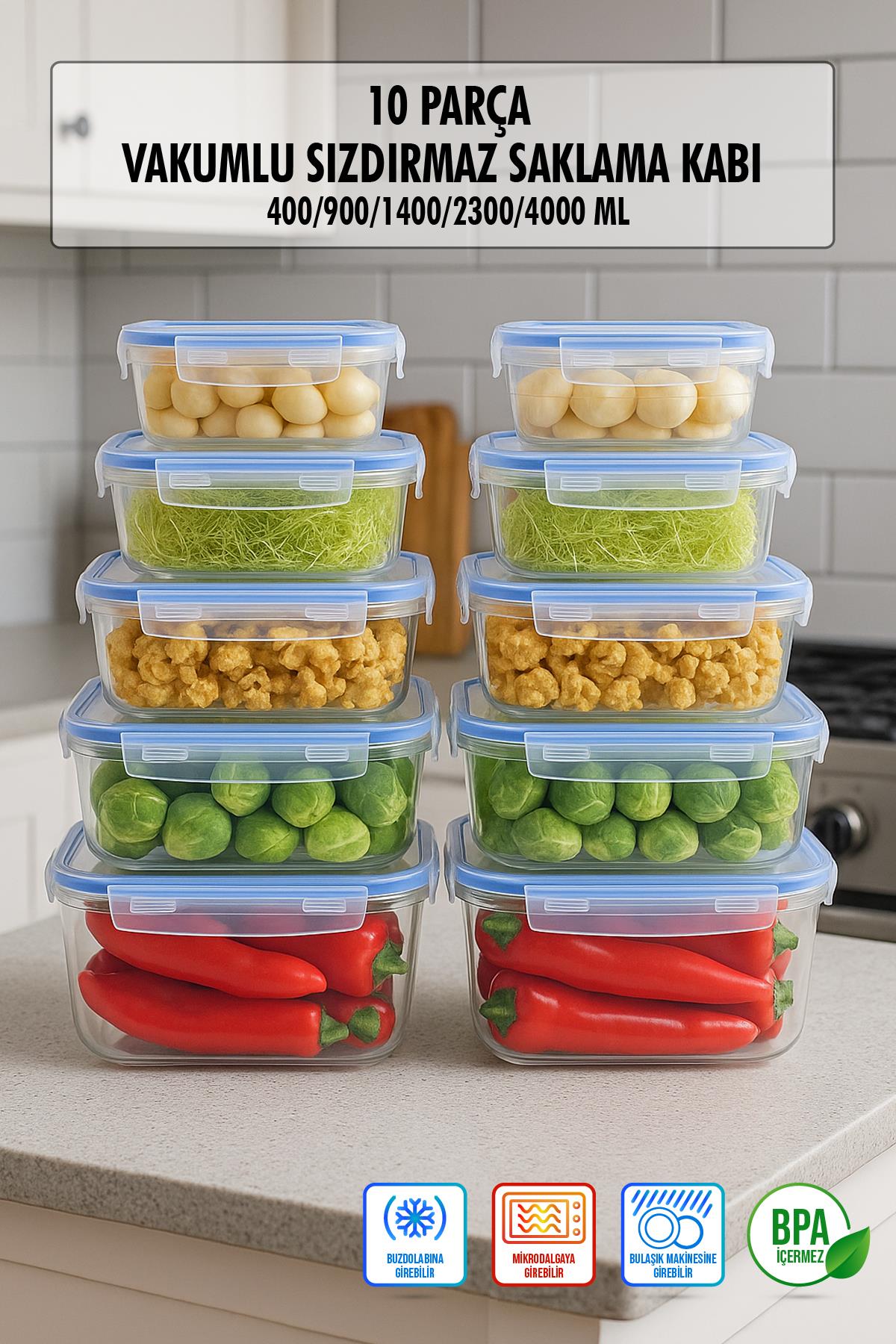 Dikdörtgen 10 Parça Contalı Vakumlu Sızdırmaz Hava Almaz Saklama Kabı Seti 2x(4000/2300/1400/900/400 Ml)