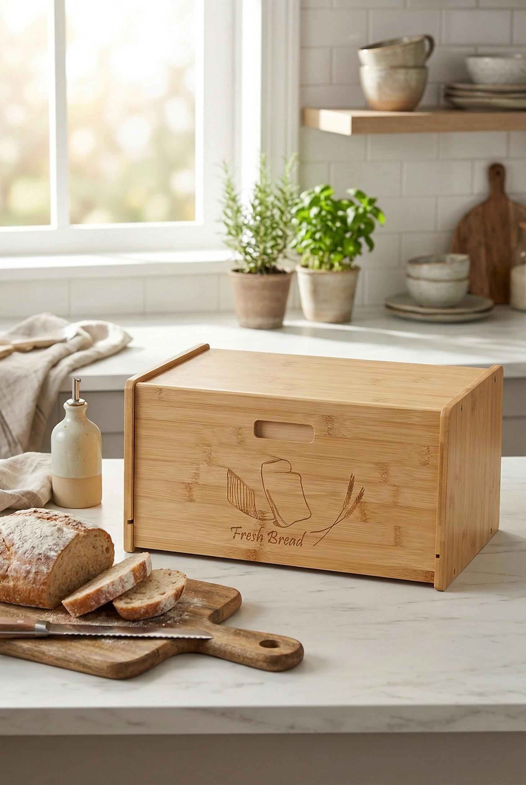 Doğal Bambu Kapaklı Ekmek Kutusu & Doğal Bambu Ekmek Dolabı (23x38x20 cm)