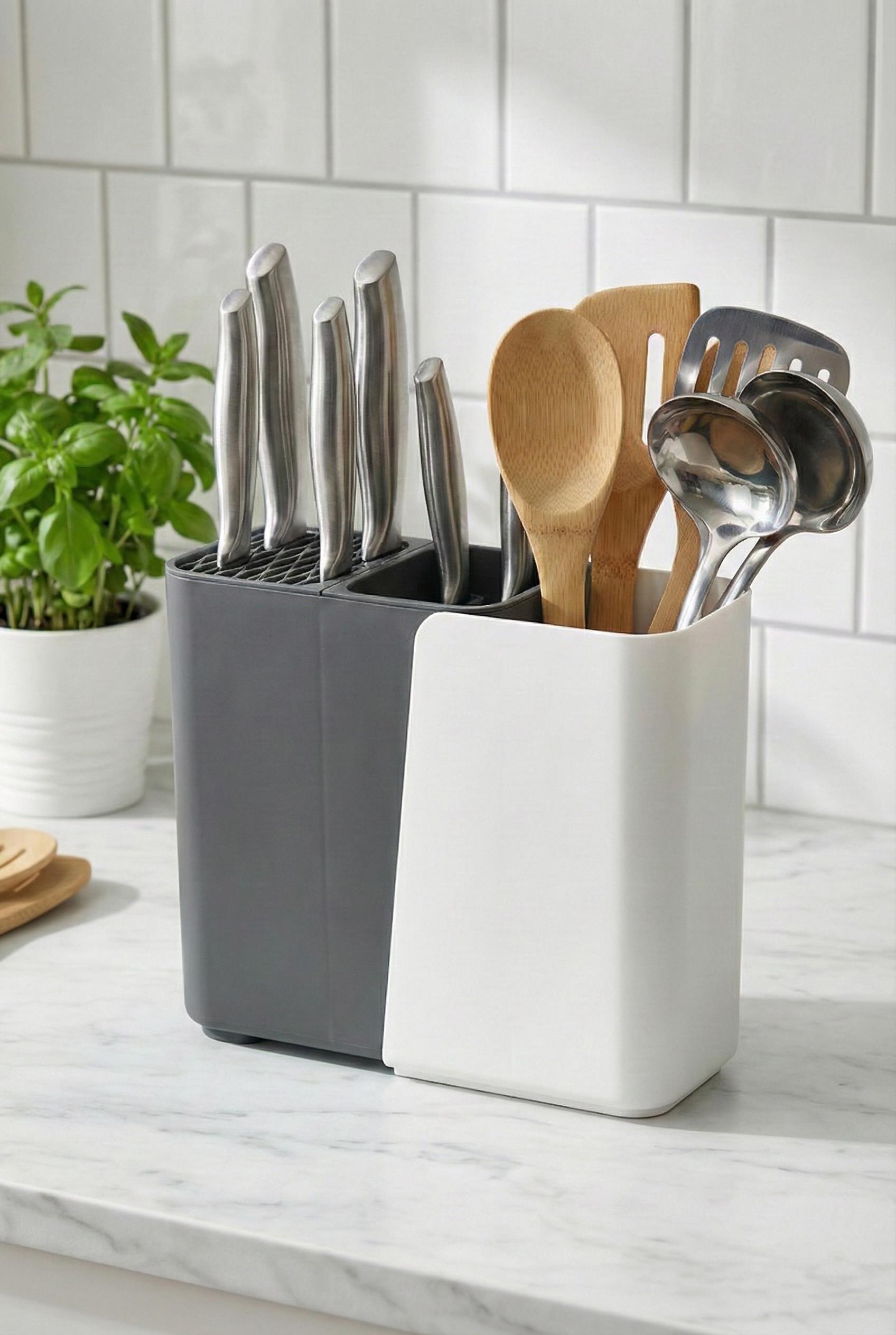 Füme Sürgülü Dik Kaşıklık & Fonksiyonel Bıçaklık Ve Mutfak Düzenleyici 9x17x21 cm