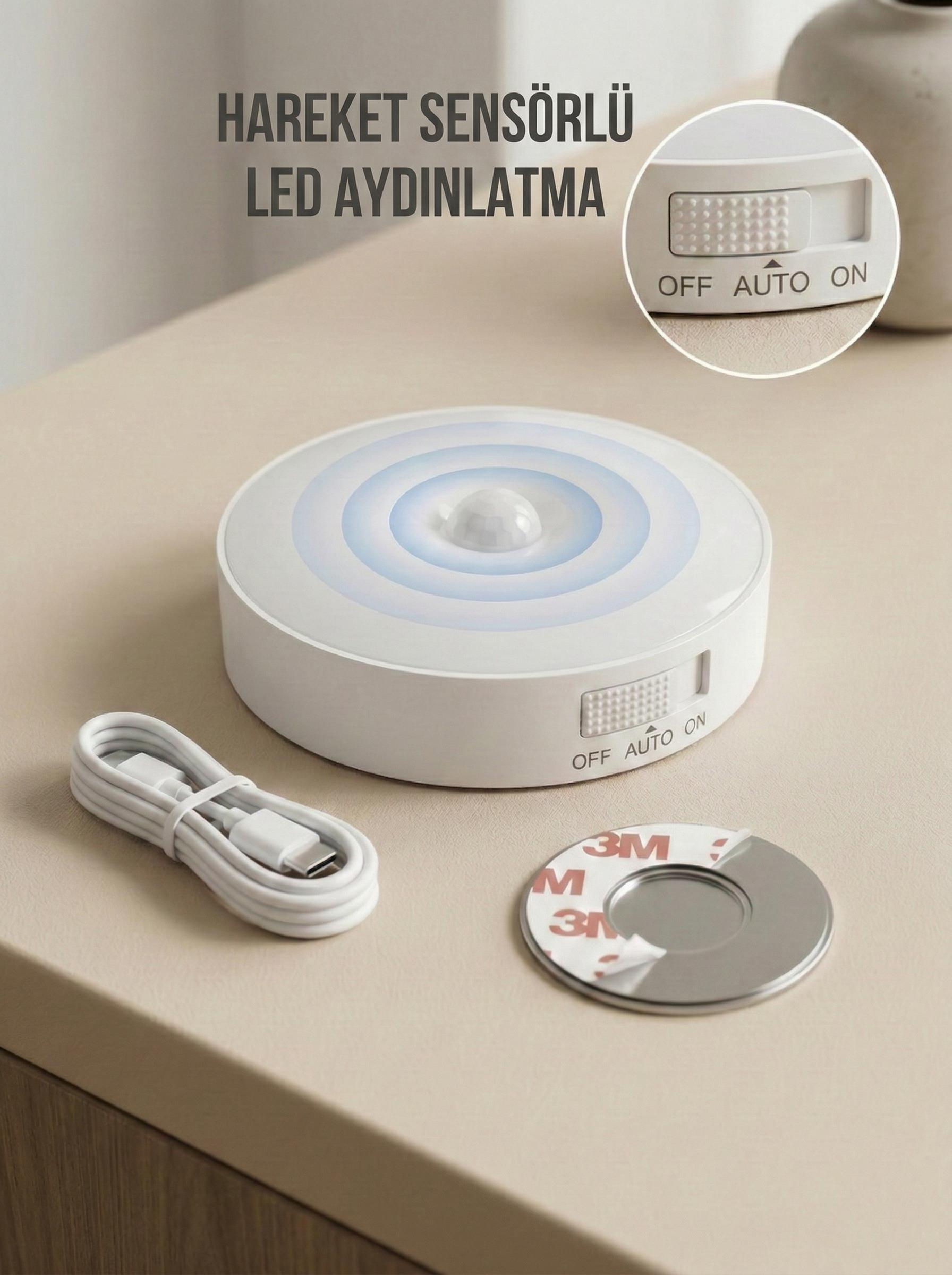 Hareket Sensörlü Yuvarlak LED Aydınlatma & USB Şarjlı Pratik Gece Lambası (8 cm)
