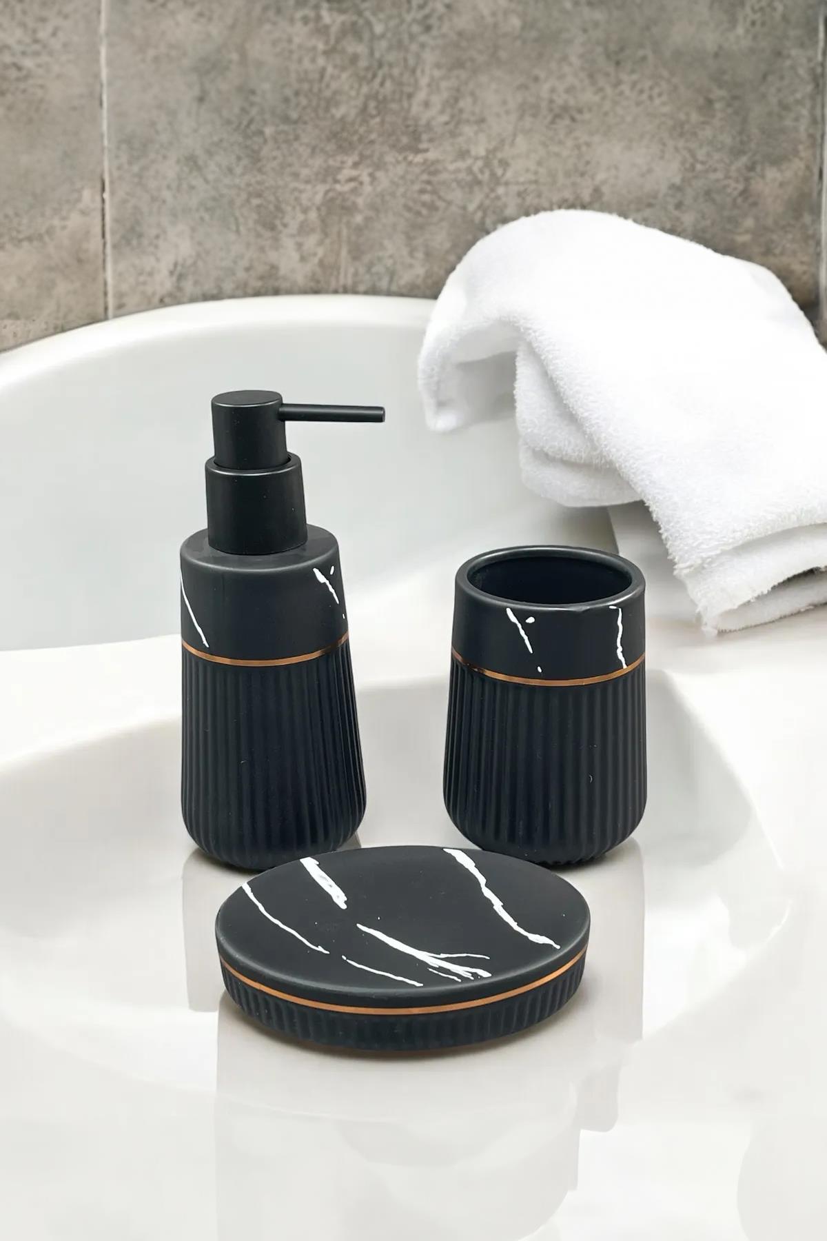 Siyah Mermer Desenli Seramik Banyo Seti 3 Parça