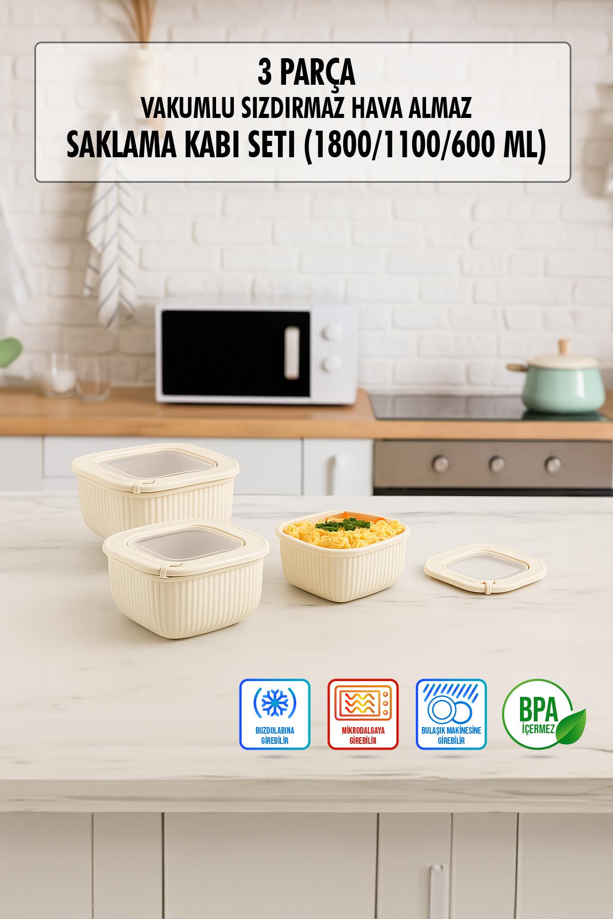 Kare 3 Parça Vakumlu Sızdırmaz Hava Almaz Saklama Kabı Seti Gri (1800/1100/600 Ml)