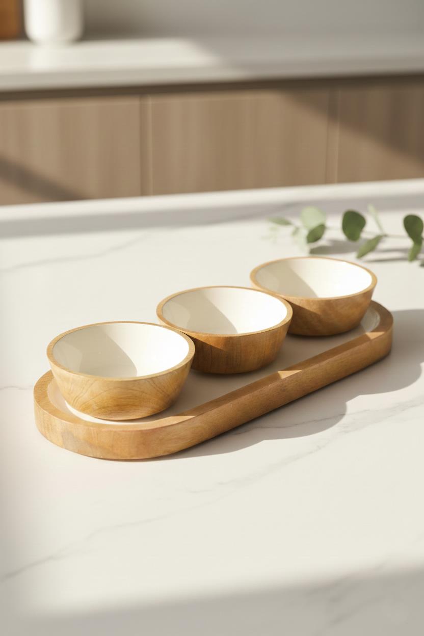 Mango Agacı Standlı Üçlü Kase Seti & Sunum Ve Servis Seti Krem