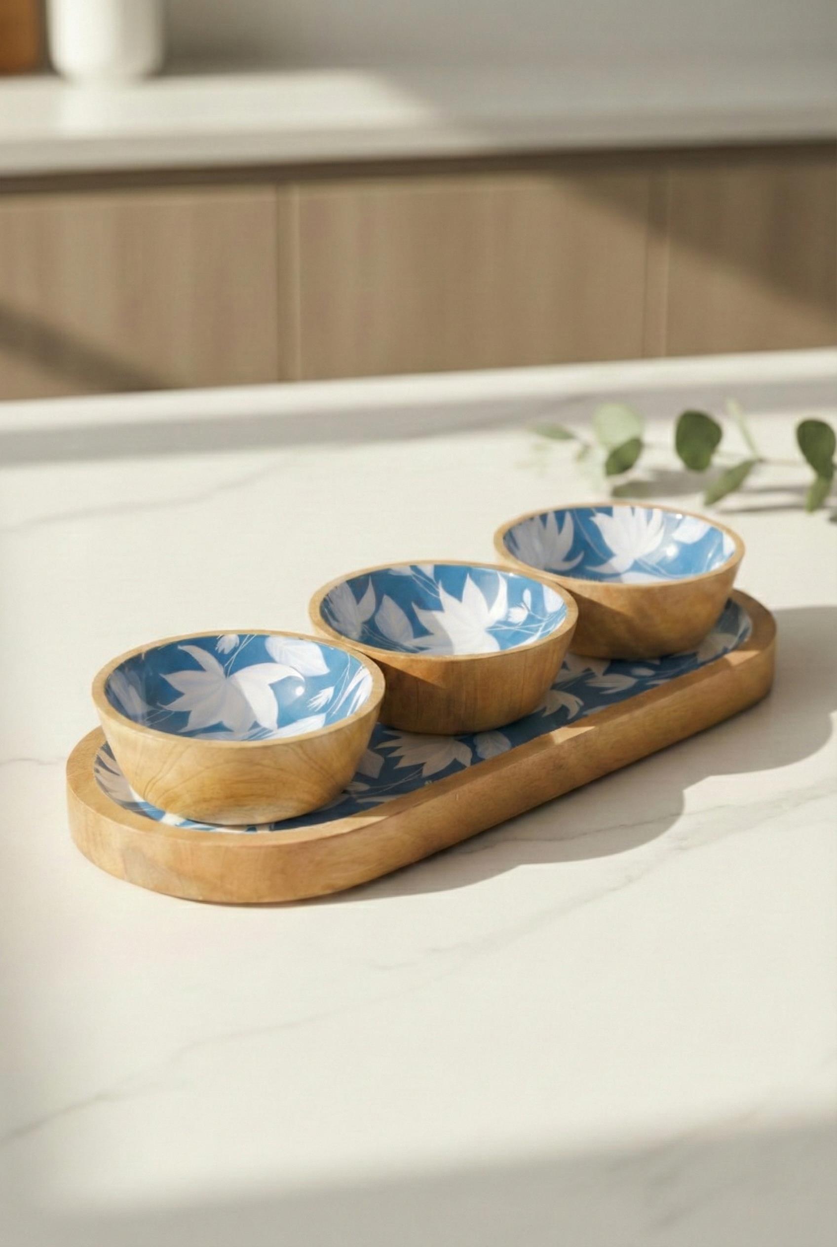 Mango Agacı Standlı Üçlü Kase Seti & Sunum Ve Servis Seti Desenli