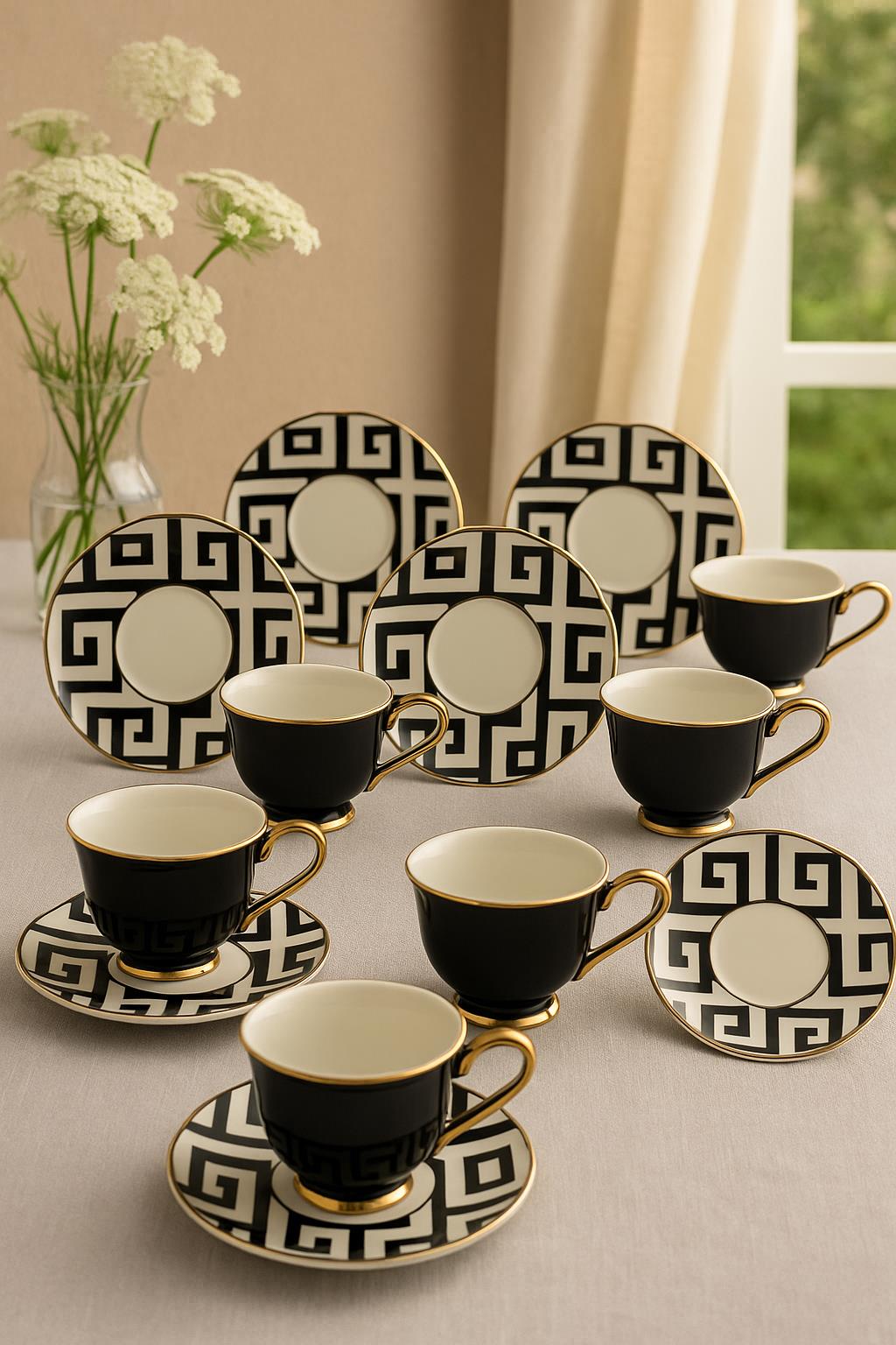6 Lı Siyah Porselen Ayaklı Kahve Fincanı Seti