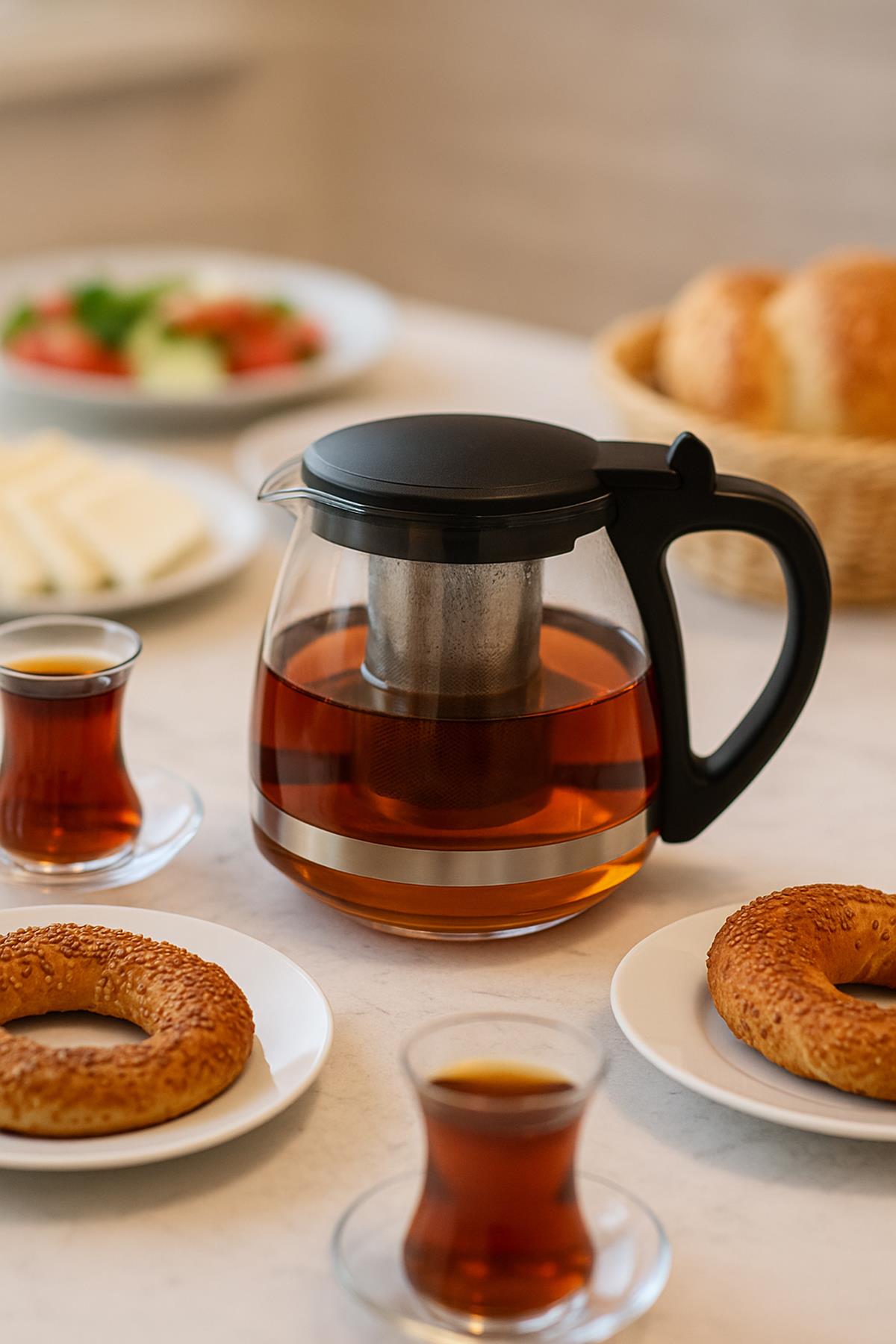 Cam Demlik 700 ml Siyah Kapaklı