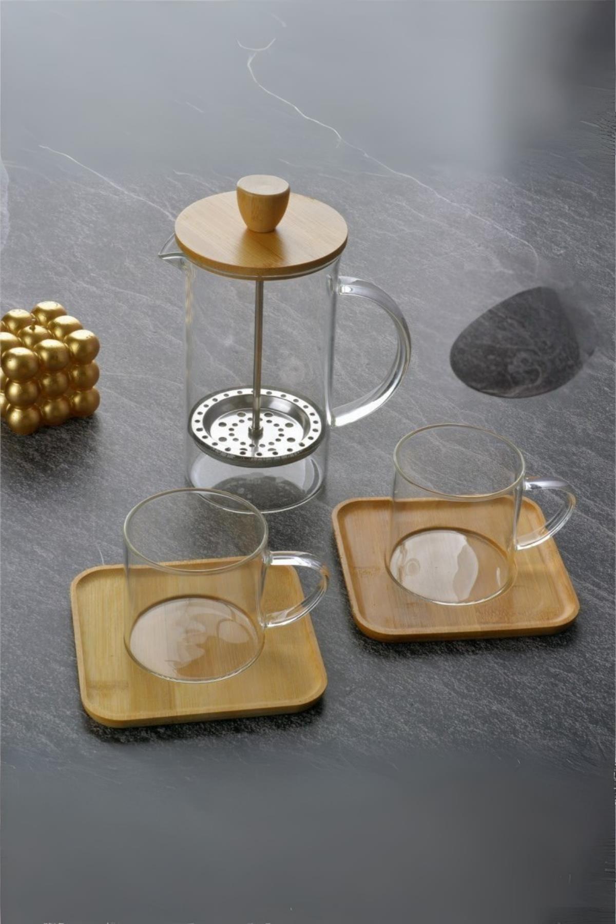 Cam French Press ve 2’li Çay Fincanı Seti 600 ml