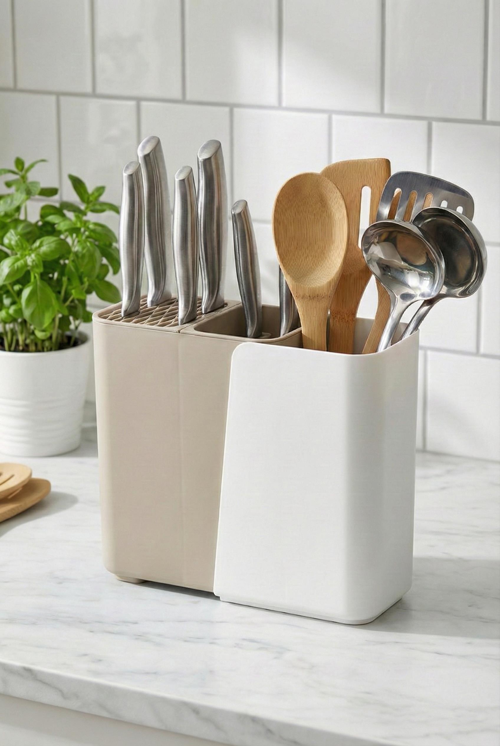 Vizon Sürgülü Dik Kaşıklık & Fonksiyonel Bıçaklık Ve Mutfak Düzenleyici 9x17x21 cm