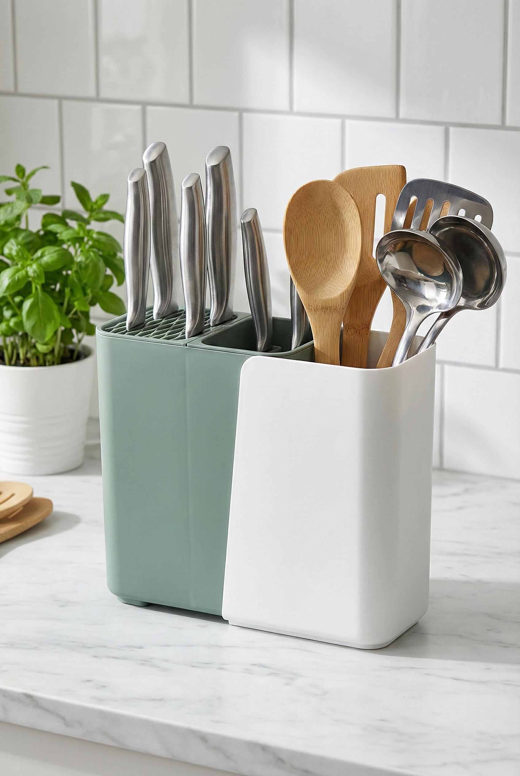 Yeşil Sürgülü Dik Kaşıklık & Fonksiyonel Bıçaklık Ve Mutfak Düzenleyici 9x17x21 cm