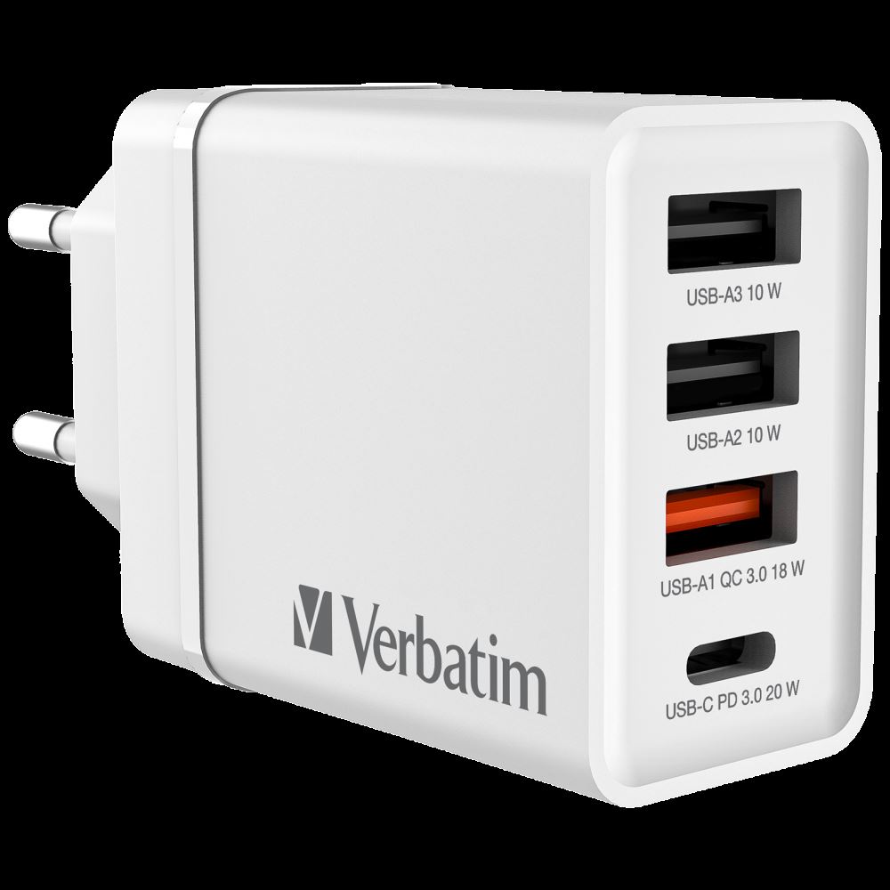 VERBATIM CHR-30EU2 USB CHARGER 30W WITH 1XUSB-C PD 20W/1XUSB-A QC 3.0/ 2XUSB