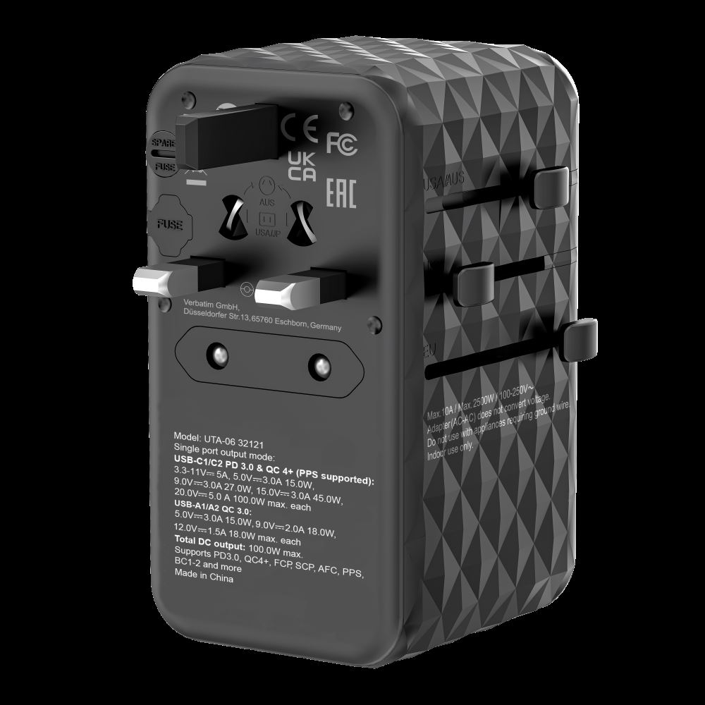 VERBATIM CHR UTA-06 GaN III Universal Travel Adapter with 2xUSB-C PD 100W QC 4+