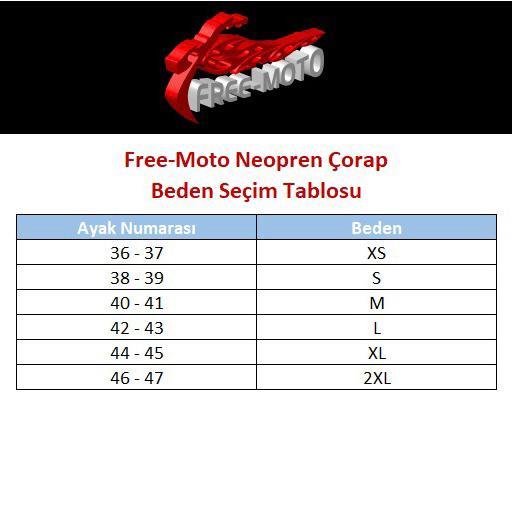 Free-Moto Neopren Çorap Beden Seçim Tablosu