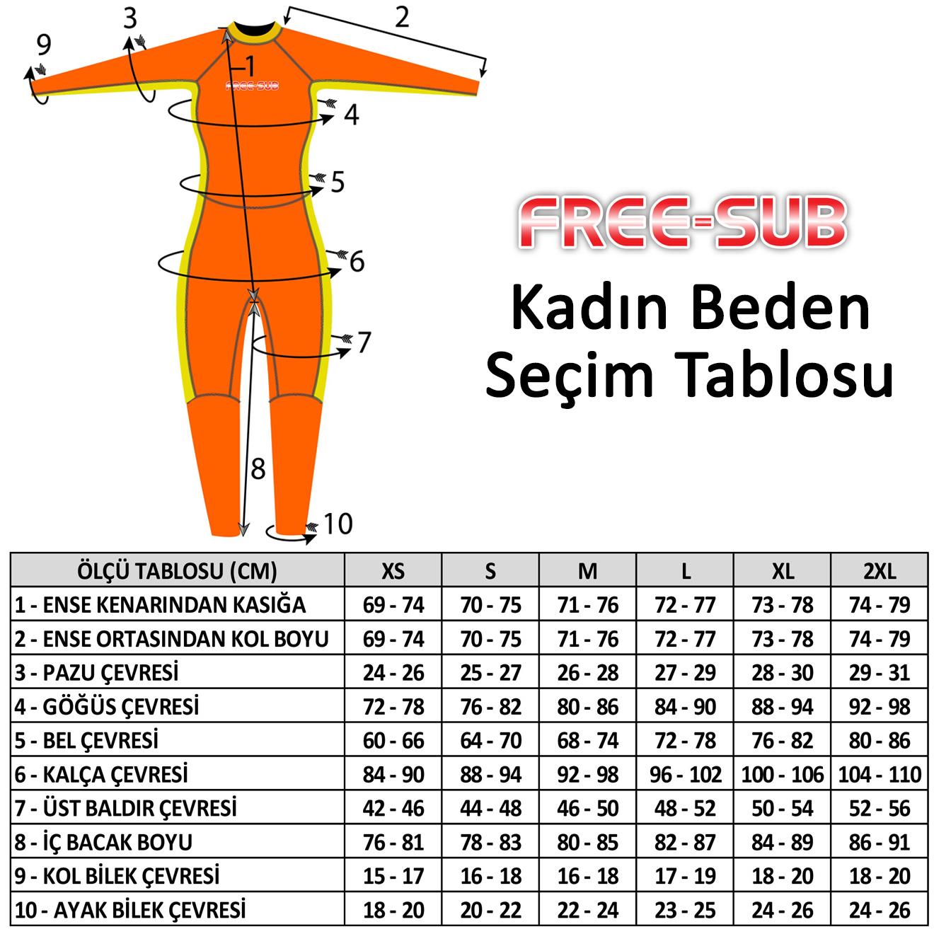 Free-Sub kadın beden seçim tablosu