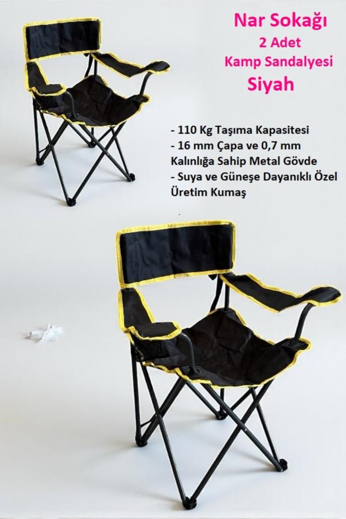 2 Adet Kamp Sandalyesi Piknik, Plaj, Bahçe ve Balkon Sandalyesi Siyah
