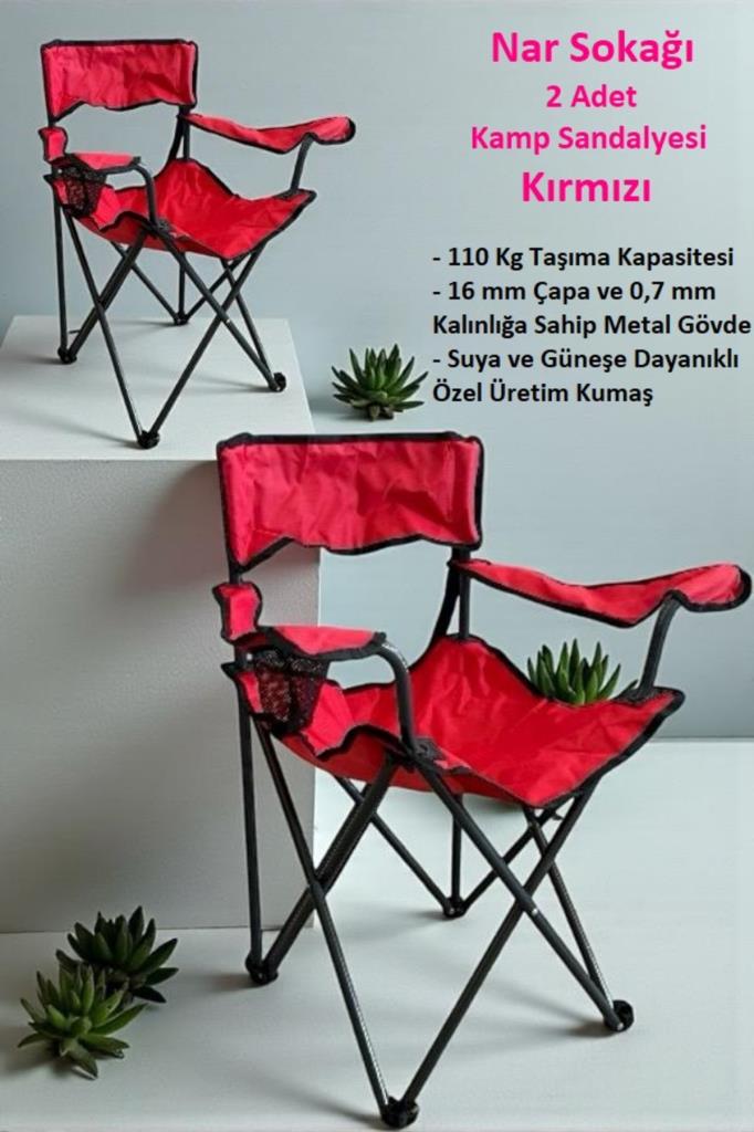 2 Adet Kamp Sandalyesi Piknik, Plaj, Bahçe ve Balkon Sandalyesi Kırmızı