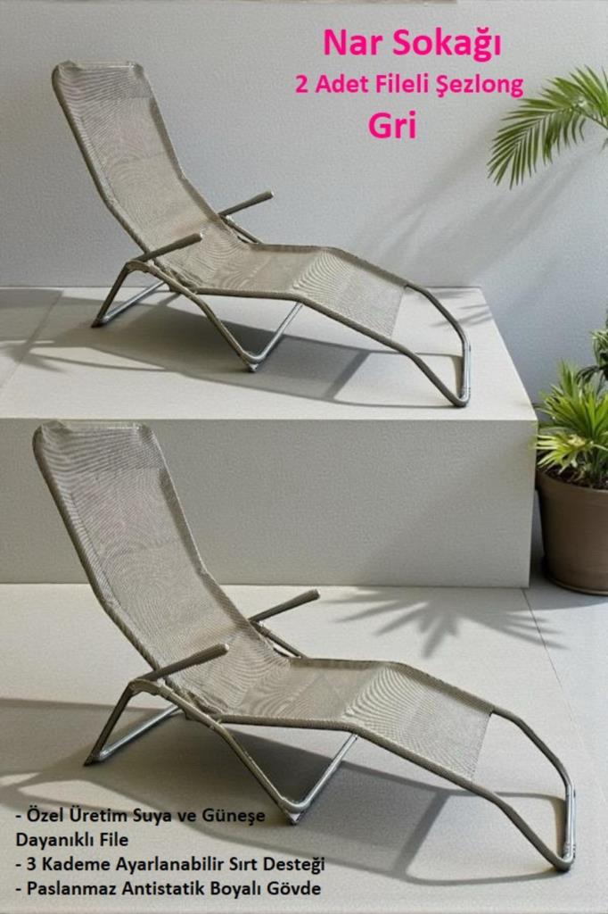 2 Adet Katlanabilir Fileli Şezlong Plaj, Bahçe ve Balkon Sandalyesi Gri