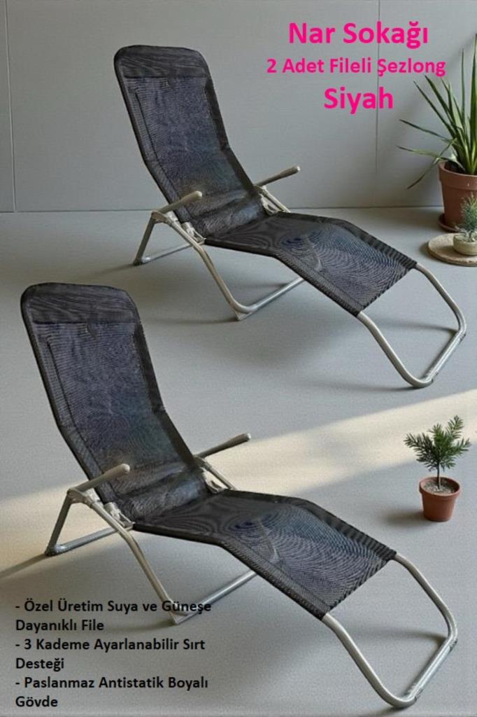 2 Adet Katlanabilir Fileli Şezlong Plaj, Bahçe ve Balkon Sandalyesi Siyah
