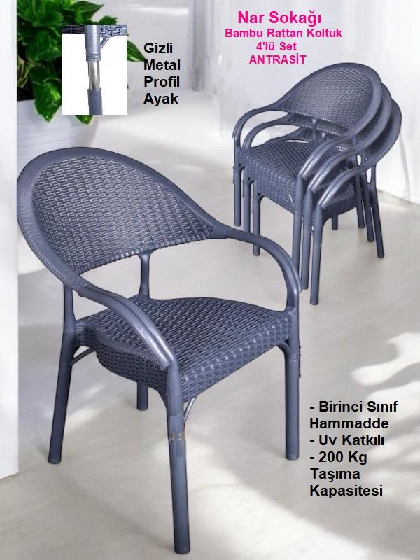 4 Adet Bambu Rattan Kollu Sandalye Koltuk Antrasit
