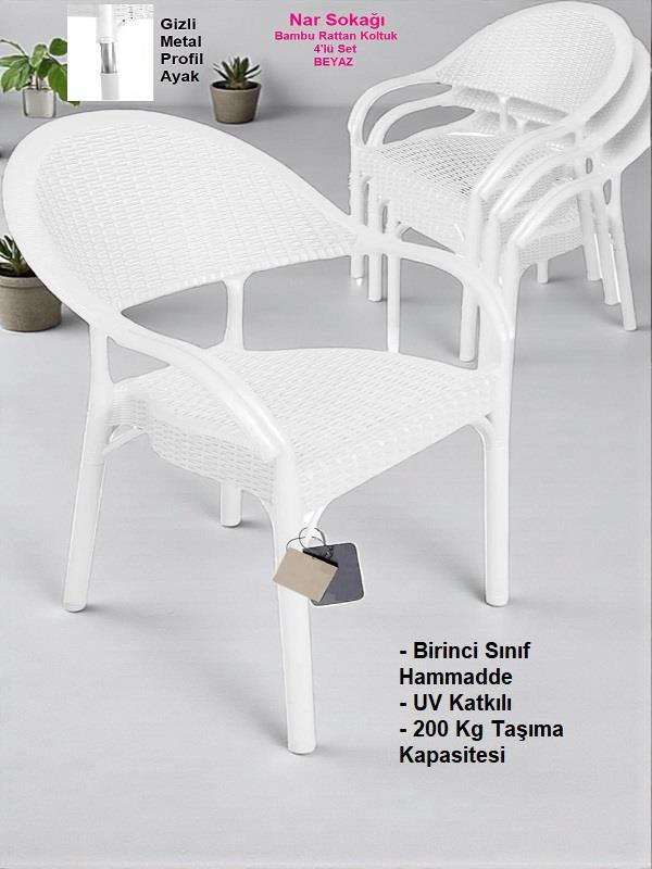 4 Adet Bambu Rattan Kollu Sandalye Koltuk Beyaz