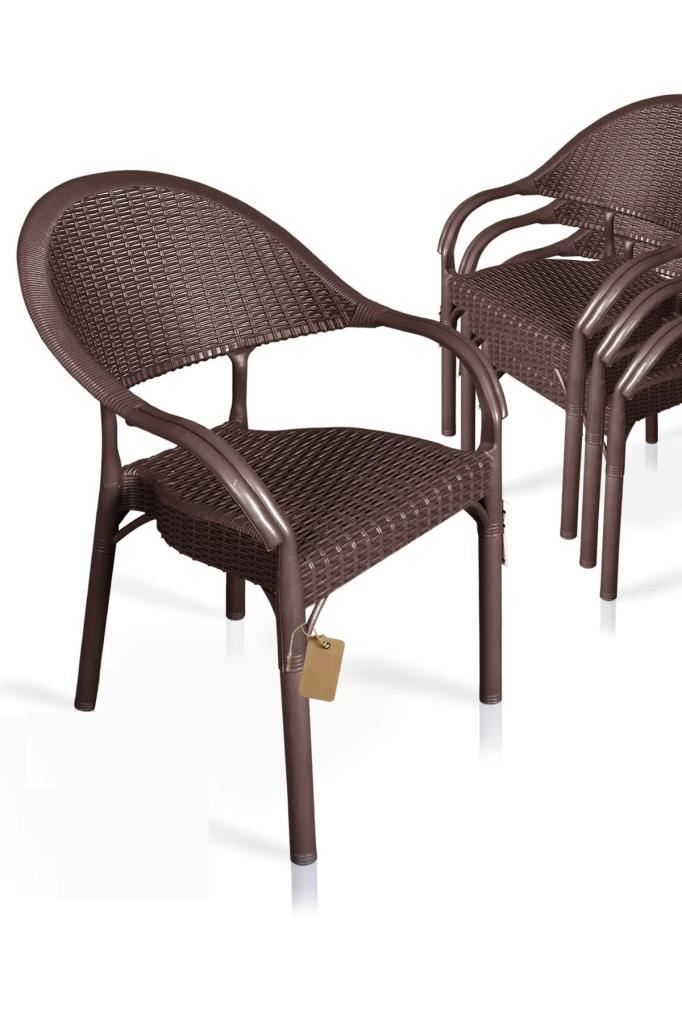 4 Adet Bambu Rattan Kollu Sandalye Koltuk Kahve