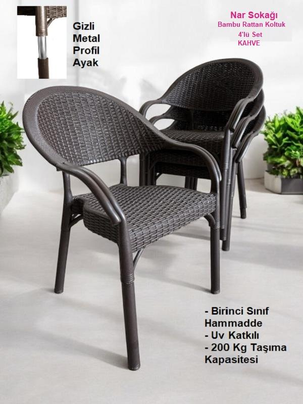 4 Adet Bambu Rattan Kollu Sandalye Koltuk Kahve