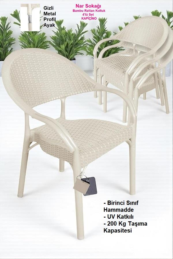 4 Adet Bambu Rattan Kollu Sandalye Koltuk Kapiçino