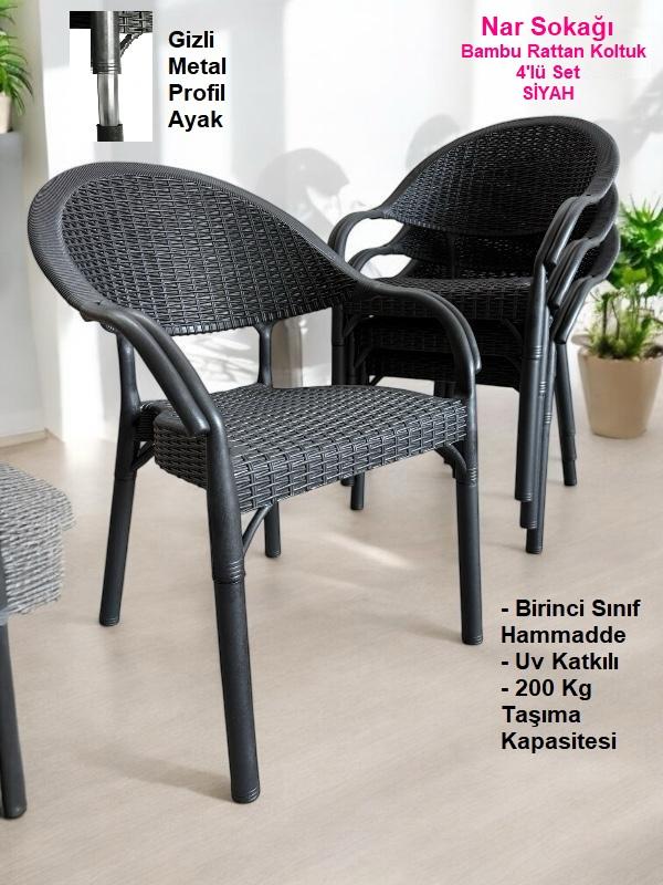 4 Adet Bambu Rattan Kollu Sandalye Koltuk Siyah