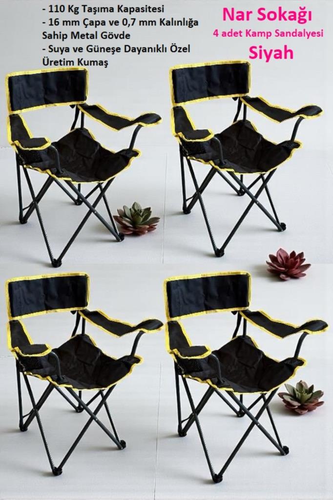 4 Adet Kamp Sandalyesi Piknik, Plaj, Bahçe ve Balkon Sandalyesi Siyah