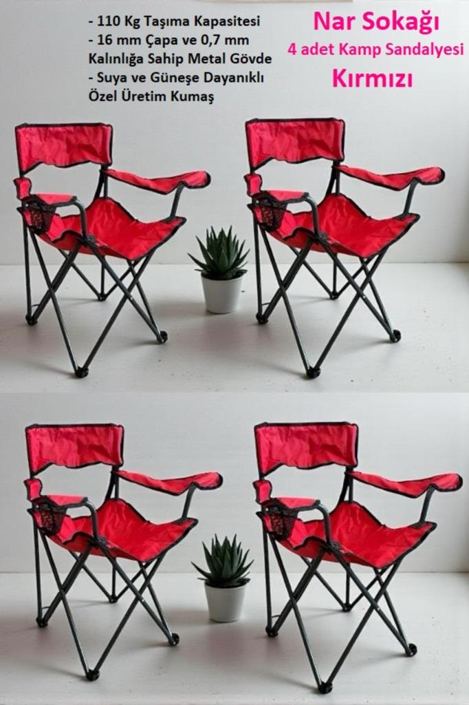 4 Adet Kamp Sandalyesi Piknik, Plaj, Bahçe ve Balkon Sandalyesi Kırmızı