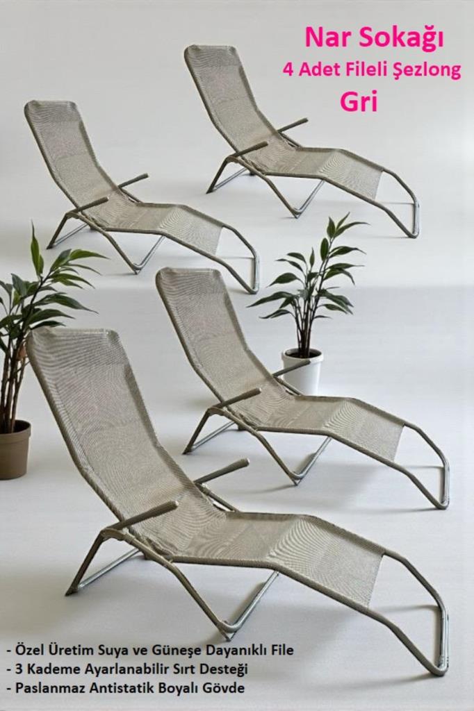 4 Adet Katlanabilir Fileli Şezlong Plaj, Bahçe ve Balkon Sandalyesi Gri